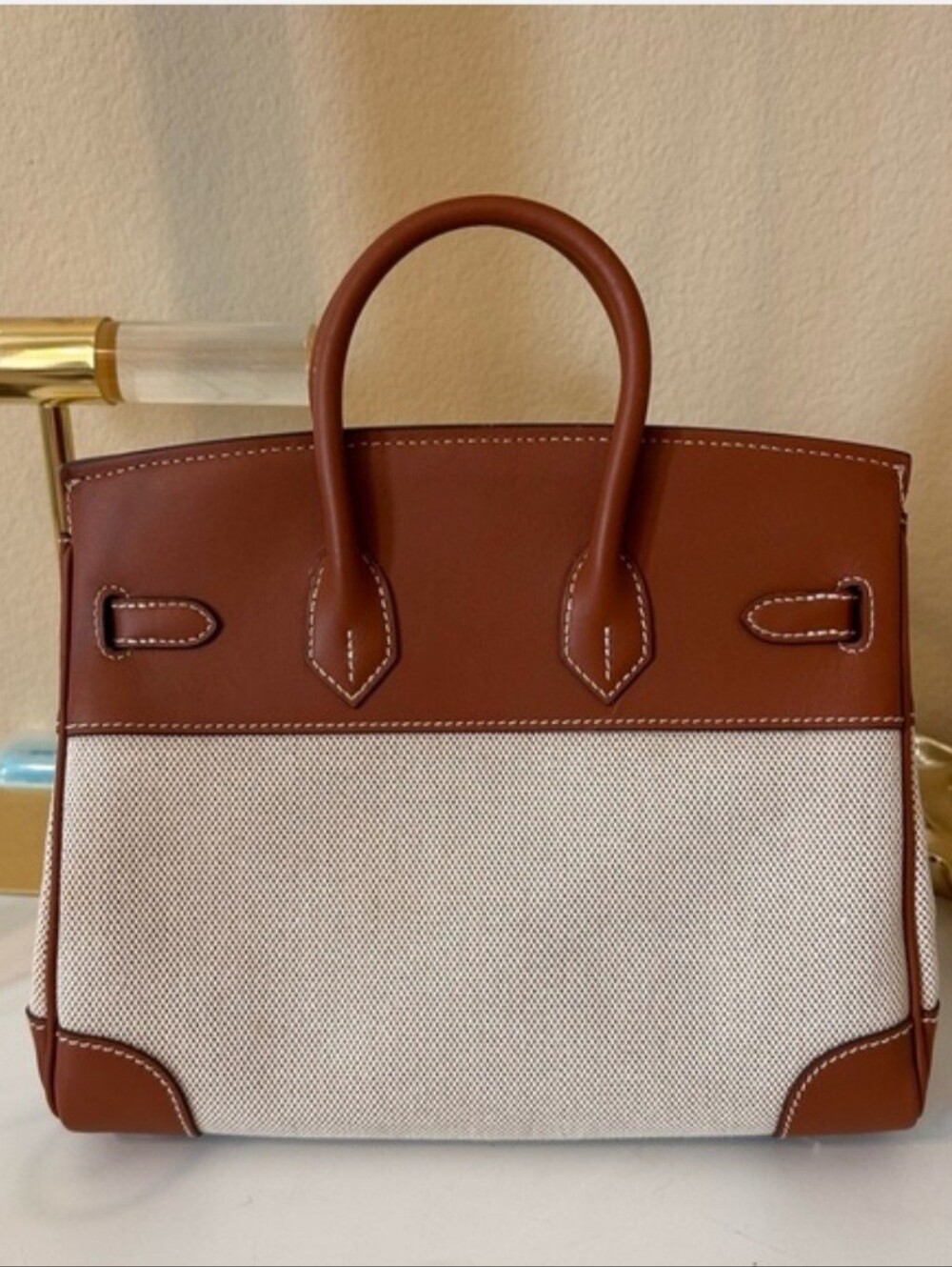 25cm Leather & Canvas Combo Brown Satchel - Picture 4 of 10